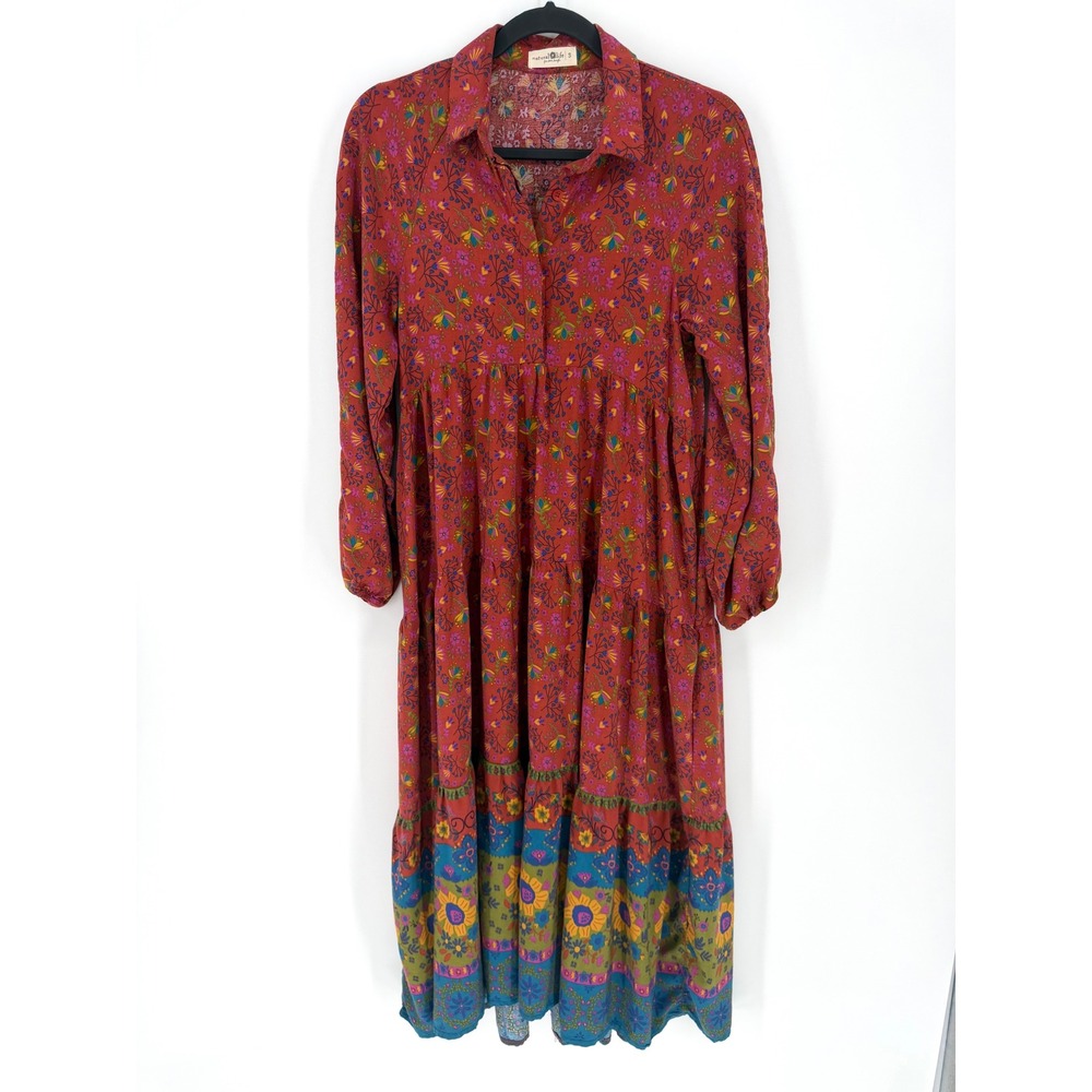 Natural Life Womens S Rust Floral Tiered Midi Dress Long Sleeve Boho Fall - Picture 2 of 8